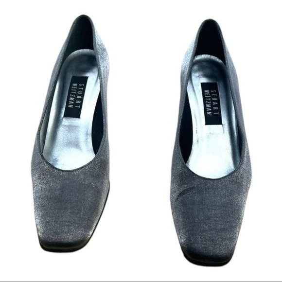 Stuart Weitzman Anna Pewter Matte Lame Pumps 2.5 Inch Block Heel Women’s Size 9 - Picture 6 of 12
